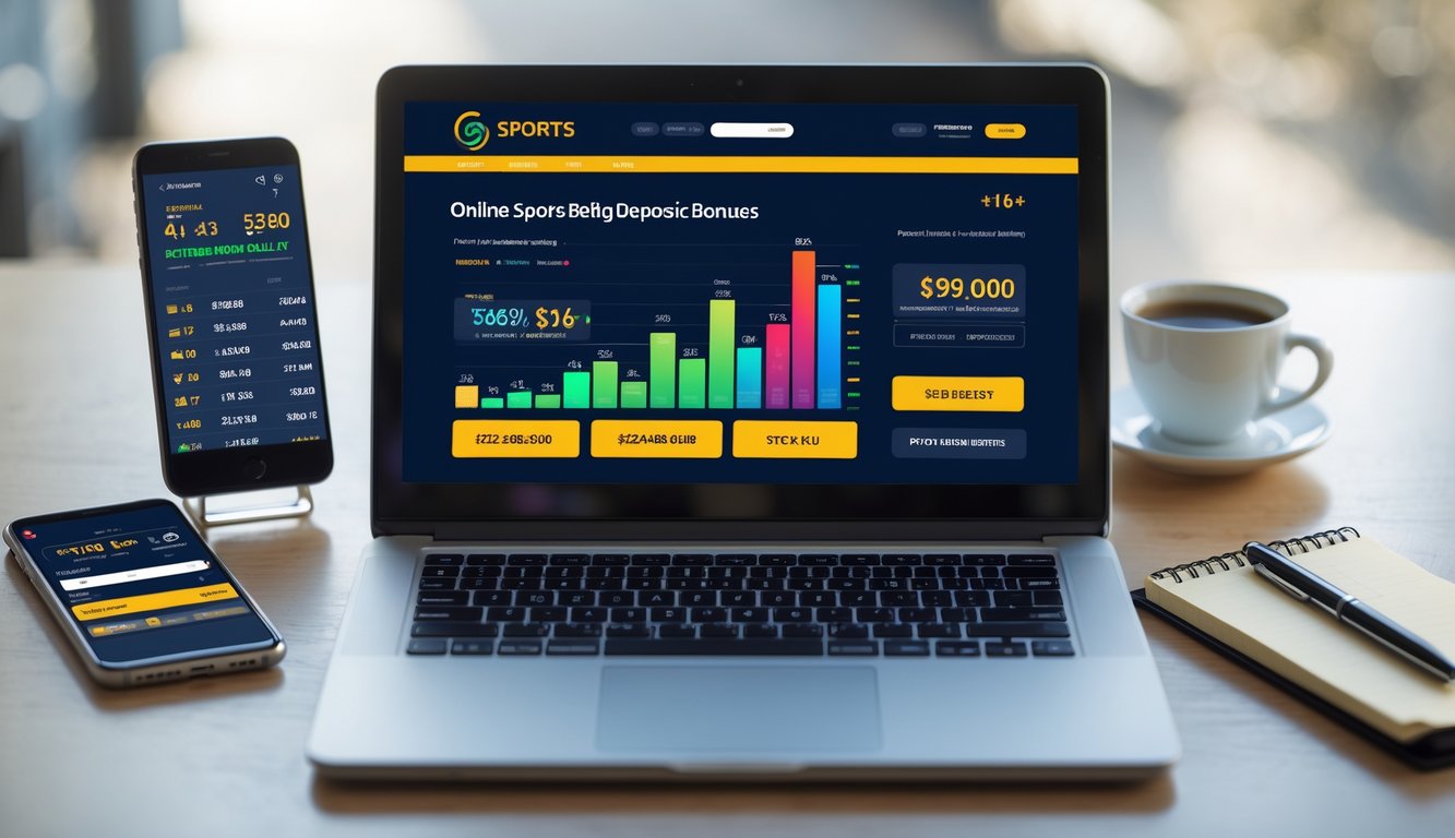 Sebuah ruang kerja modern dengan laptop yang menampilkan situs taruhan olahraga online dan bonus deposit, dikelilingi oleh ponsel, cangkir kopi, dan buku catatan.