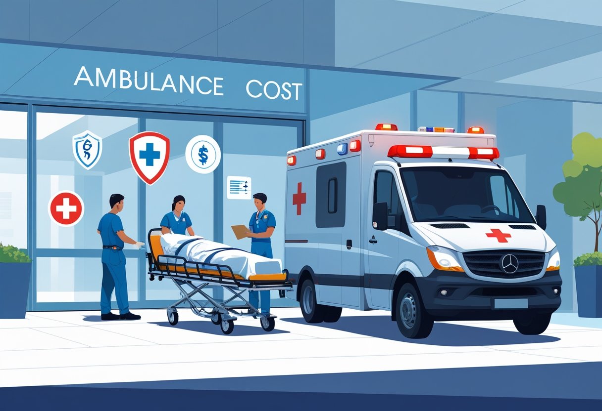Uma ambulância estacionada em frente a um hospital, com paramédicos atendendo um paciente em uma maca, e ícones sutis representando custos médicos ao redor.