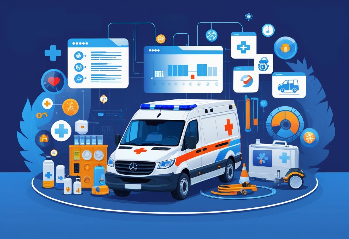 Ilustração de uma ambulância cercada por ícones que representam equipamentos médicos, manutenção, tecnologia e fatores de mercado que influenciam seu valor.