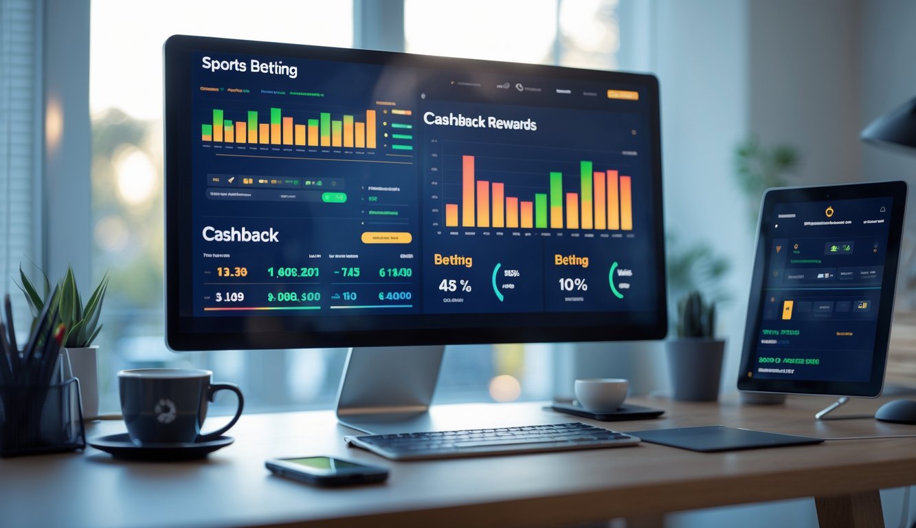 Sebuah ruang kerja modern dengan komputer dan ponsel yang menampilkan grafik taruhan dan cashback, di meja terdapat secangkir kopi dan alat tulis, dengan pencahayaan alami dari jendela.