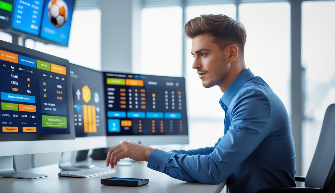 Seorang pria muda duduk di depan beberapa monitor komputer yang menampilkan antarmuka taruhan olahraga online di sebuah kantor modern.