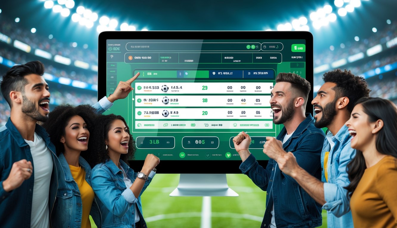 Sekelompok orang muda antusias sedang menggunakan layar digital dengan statistik dan pilihan taruhan sepak bola, dengan latar belakang stadion yang ramai.