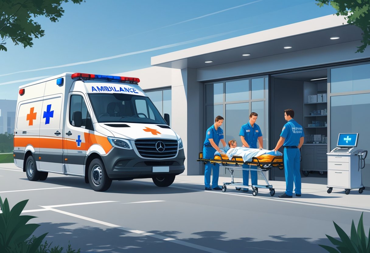 Uma ambulância privada estacionada em frente a um prédio de empresa de ambulância particular, com paramédicos atendendo um paciente em uma maca.