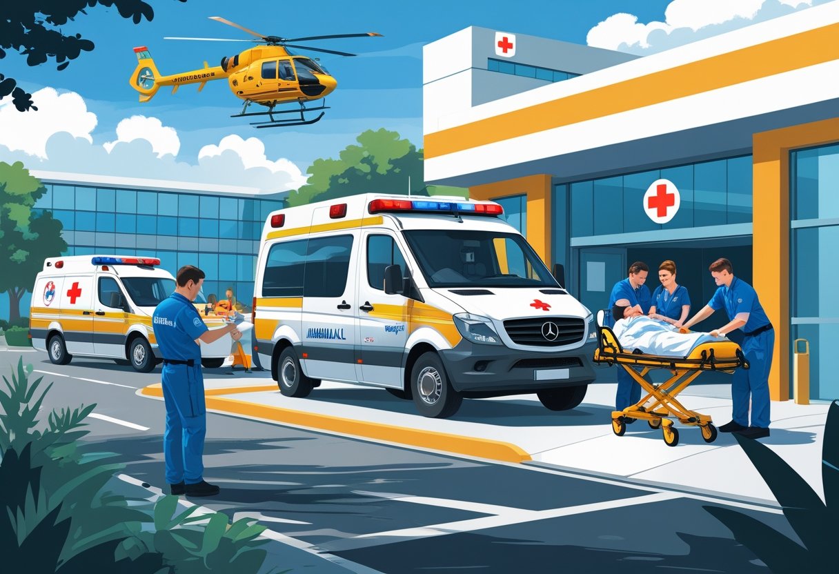 Ambulância particular estacionada em frente a um hospital, com paramédicos atendendo pacientes e um helicóptero médico ao fundo.