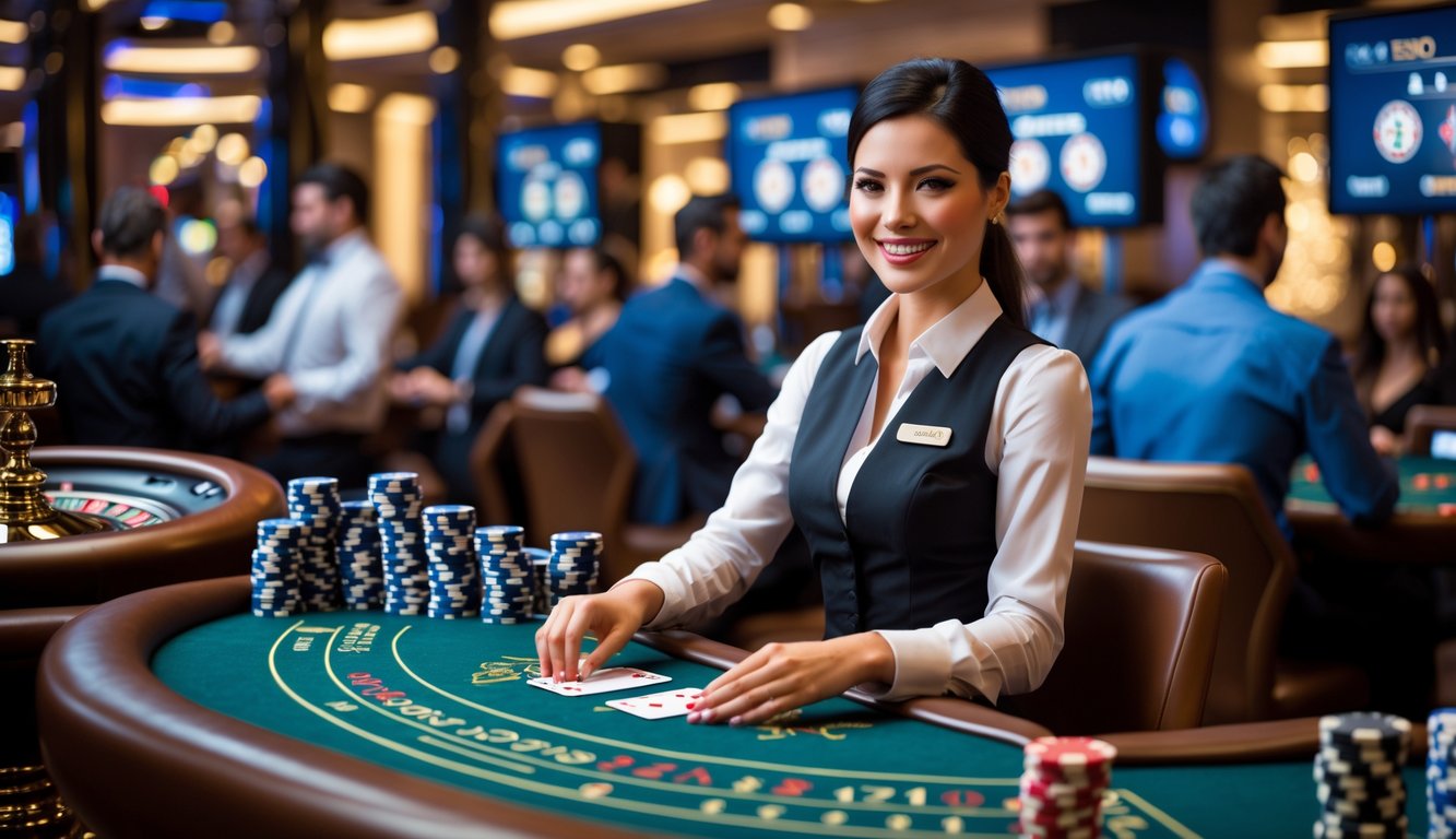 Seorang dealer wanita tersenyum di meja blackjack di kasino langsung dengan pemain yang sedang bermain di latar belakang.