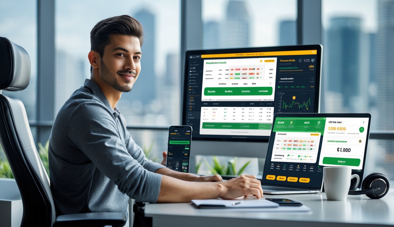 Seorang pria muda duduk di meja kerja dengan perangkat digital menampilkan antarmuka taruhan olahraga dalam ruangan kantor modern.