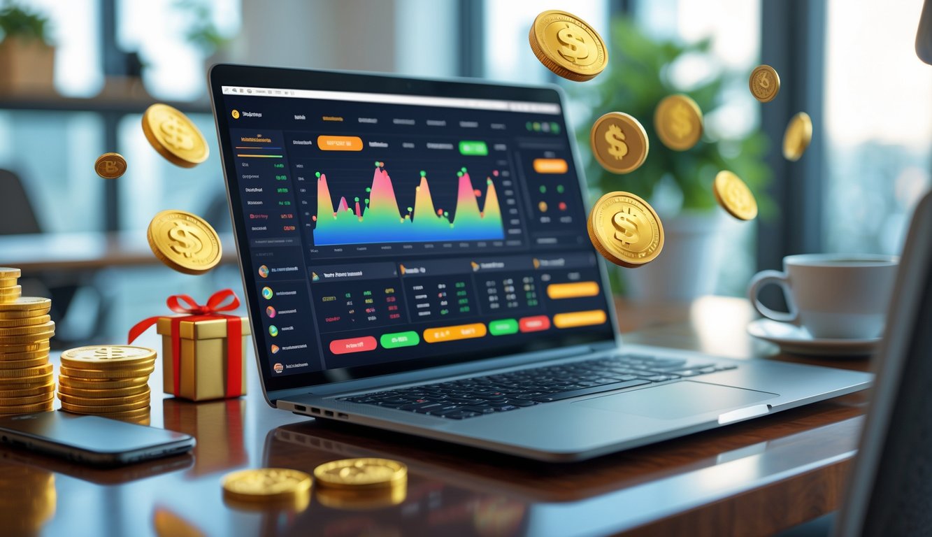 Seorang pengguna duduk di depan laptop dengan tampilan antarmuka taruhan olahraga dan elemen simbol bonus dan hadiah di sekitarnya.