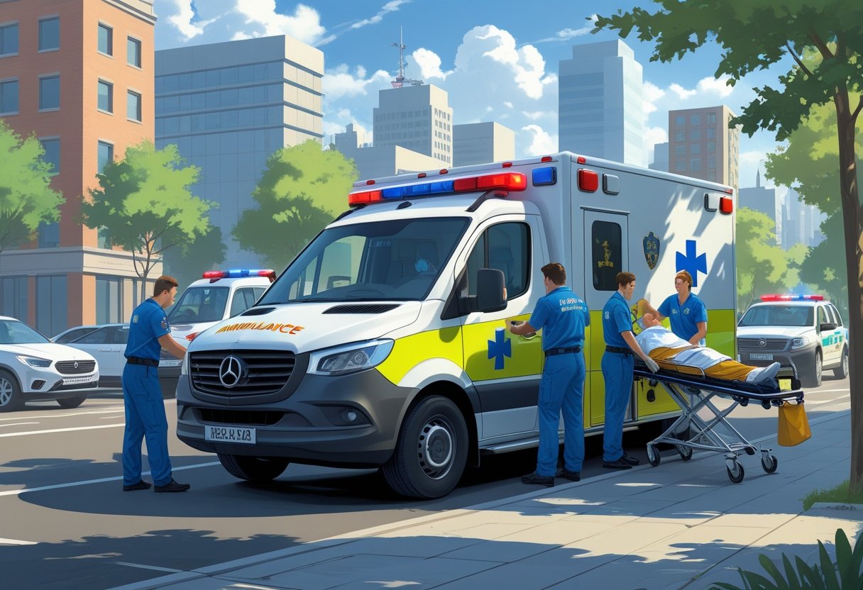 Equipe de paramédicos atendendo um paciente em uma ambulância estacionada na rua, com prédios e veículos de emergência ao fundo.