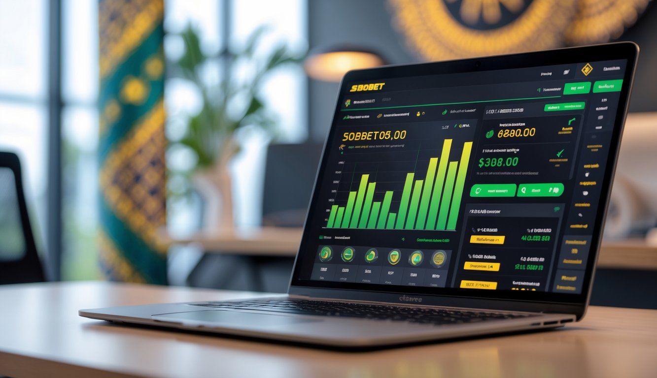 Layar laptop dan ponsel menampilkan grafik dan peluang taruhan dengan latar belakang kantor modern dan elemen budaya Indonesia.