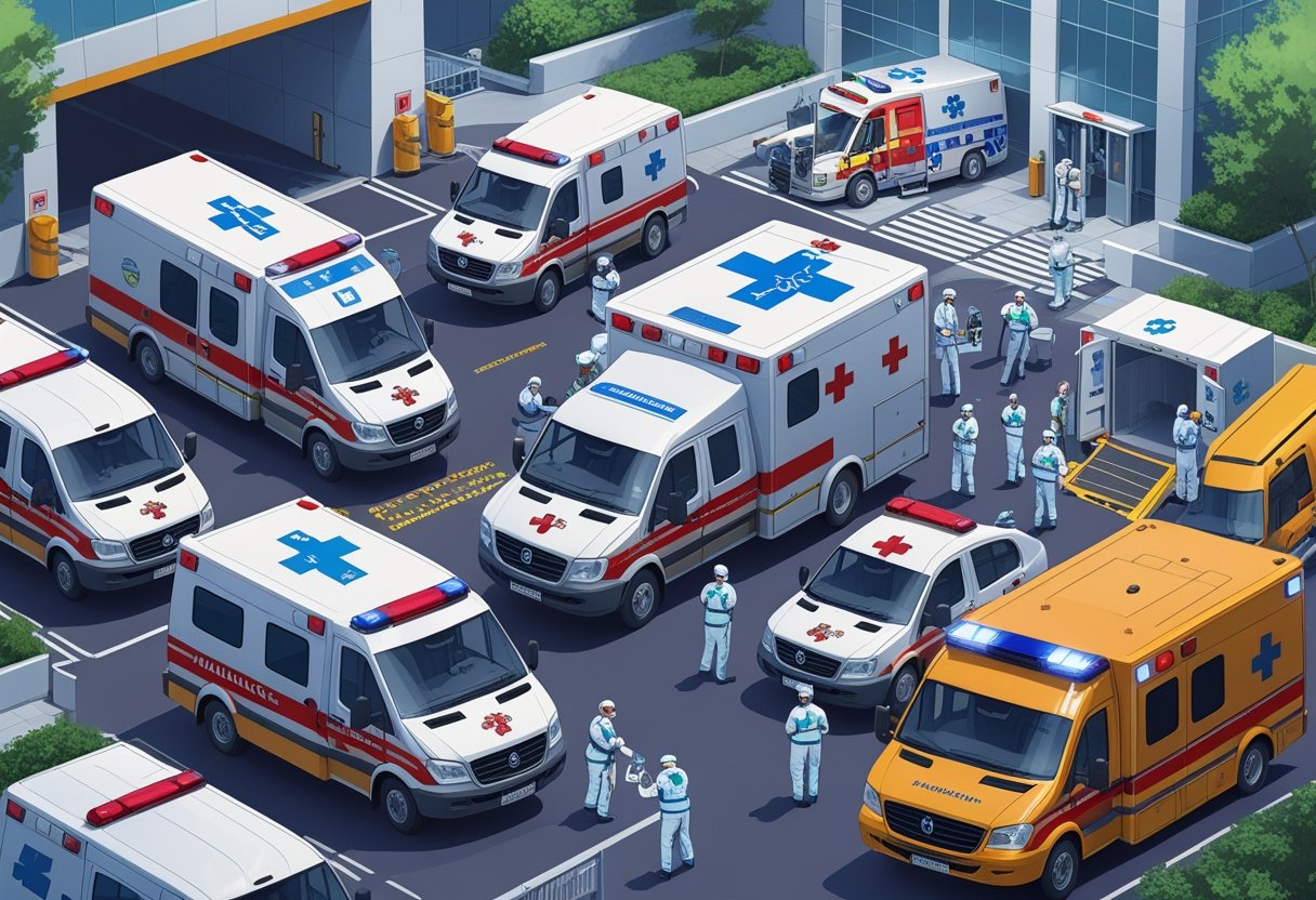 Ilustração mostrando diferentes tipos de ambulâncias e profissionais de saúde atendendo emergências em frente a um hospital.