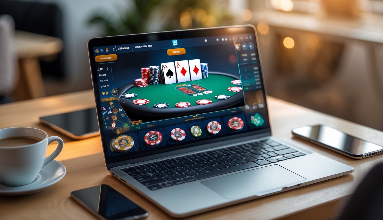 Seorang pemain poker online menggunakan laptop di meja kerja dengan kartu dan chip poker digital di layar.