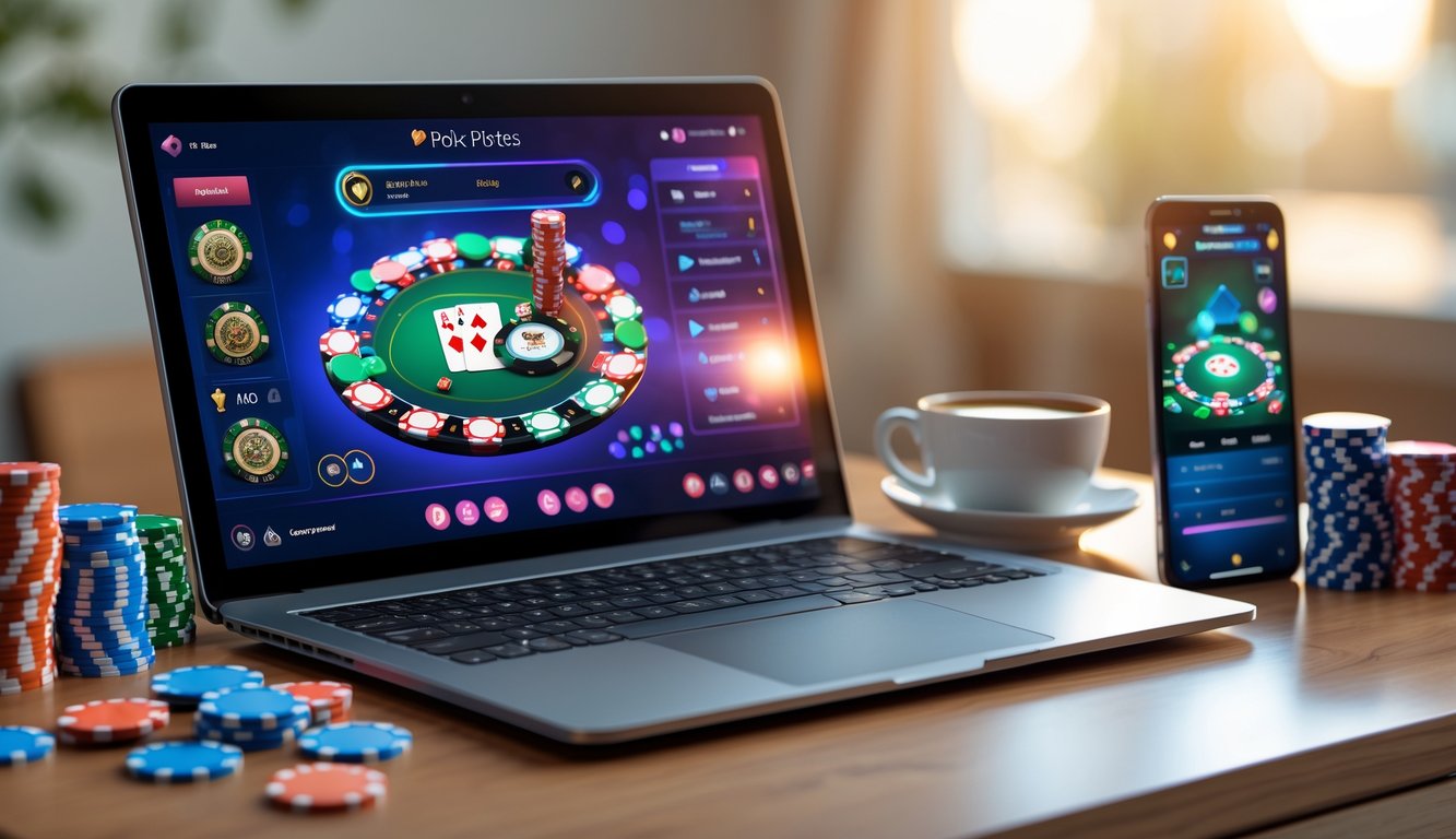 Sebuah meja dengan komputer dan chip poker yang menunjukkan permainan poker online yang sedang berlangsung.