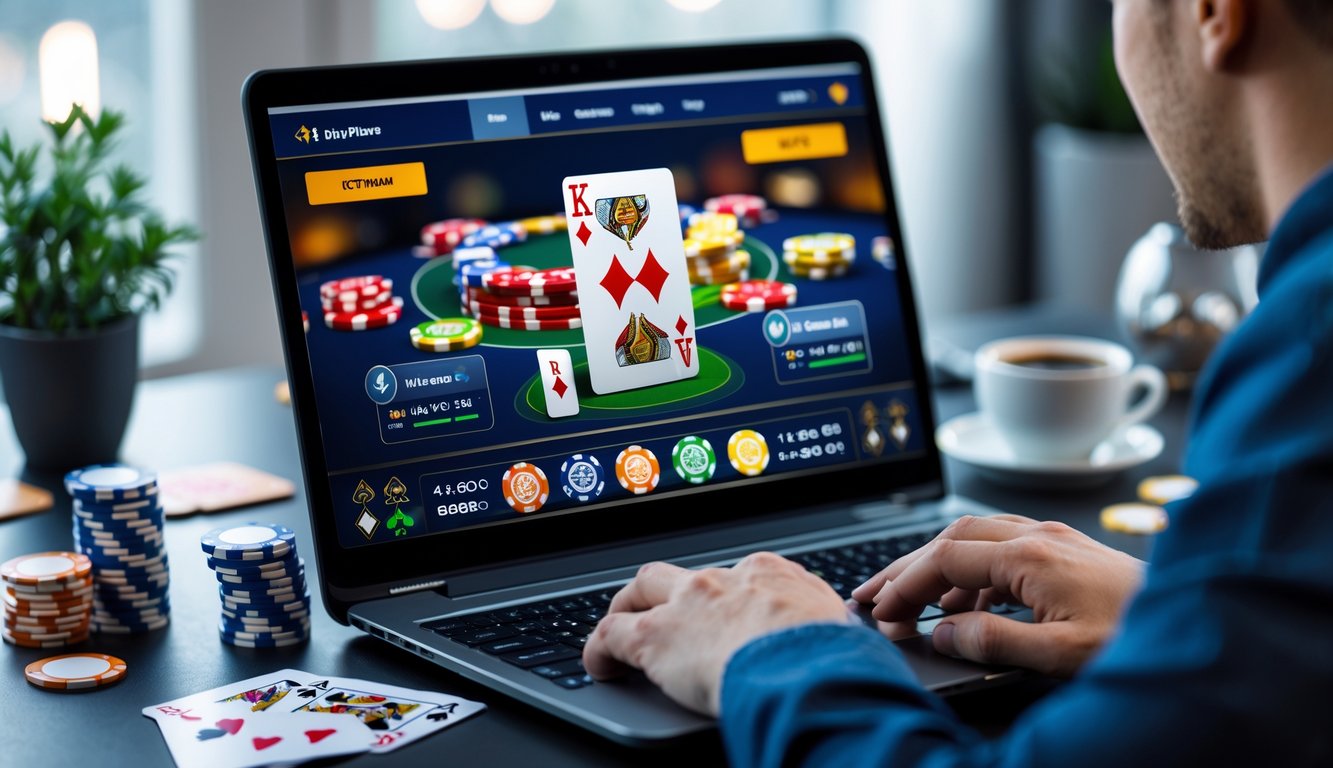 Seseorang bermain poker online di depan komputer dengan kartu dan chip poker di meja.