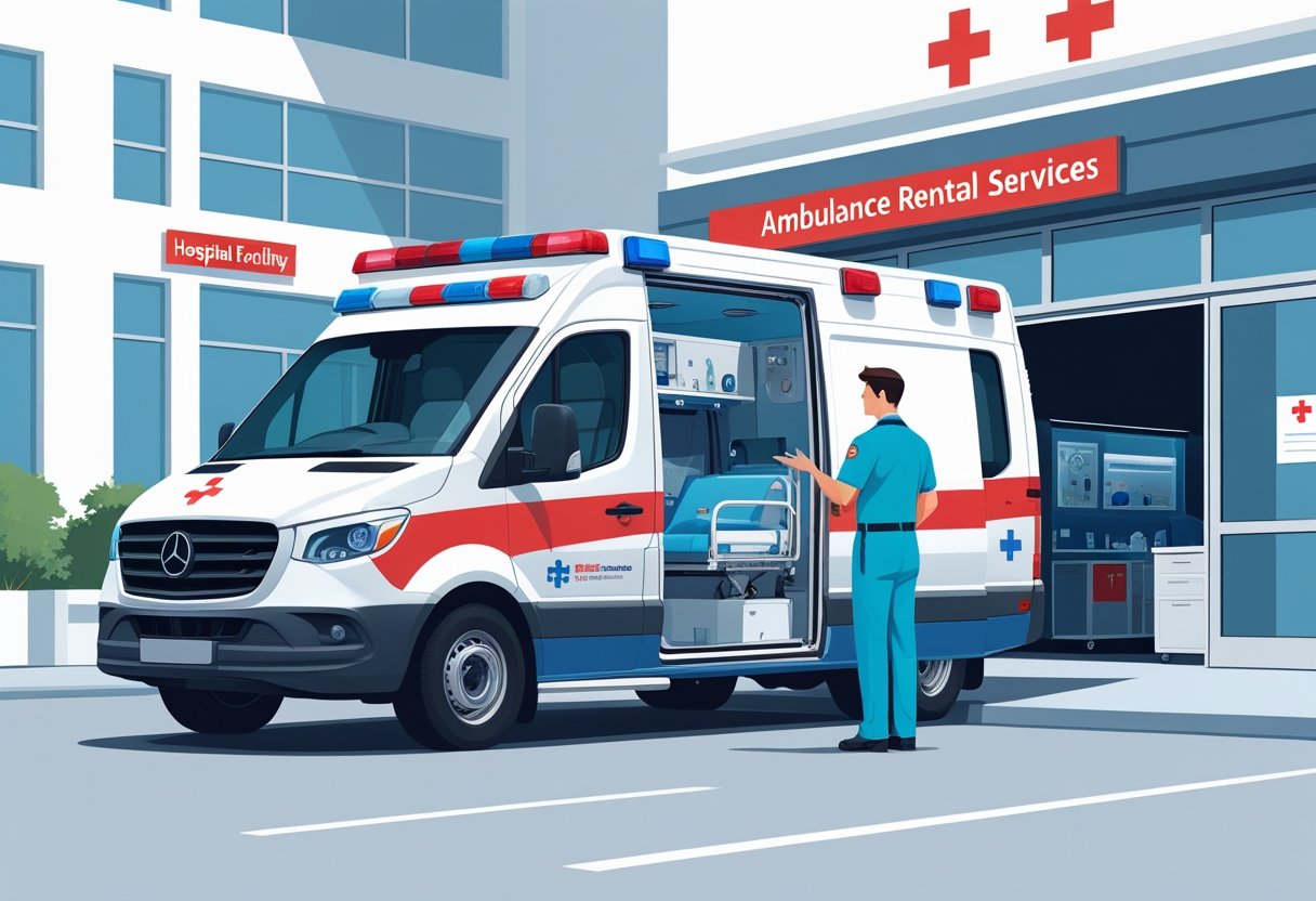 Uma ambulância moderna estacionada em frente a um hospital, com um profissional de saúde conversando com uma pessoa ao lado do veículo.