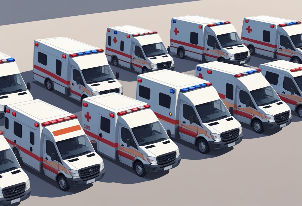 Vários tipos de ambulâncias diferentes estacionadas lado a lado, mostrando ambulâncias básicas, avançadas e de transporte de pacientes.