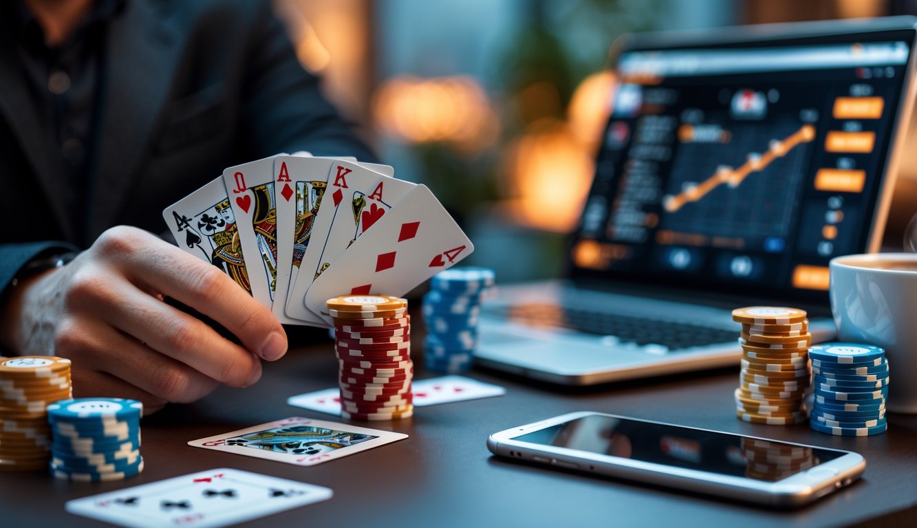 Tangan seseorang memegang kartu poker di depan laptop yang menampilkan permainan poker online, dengan tumpukan chip poker dan ponsel di meja.