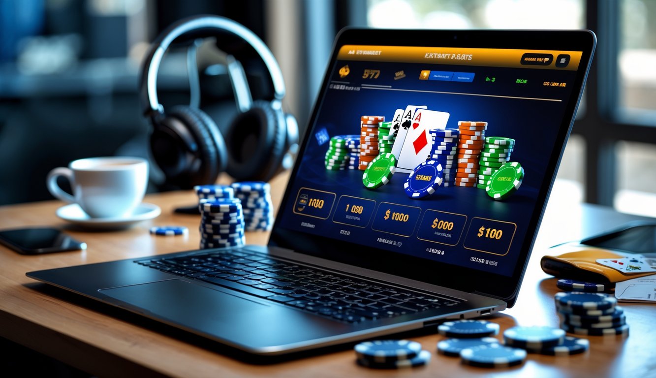 Seorang pemain sedang bermain poker online di laptop dengan kartu dan chip poker di atas meja kayu.