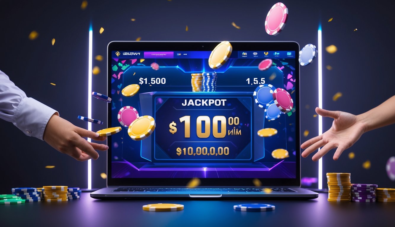 Seseorang bermain poker online dengan layar komputer menampilkan permainan dan jackpot besar.