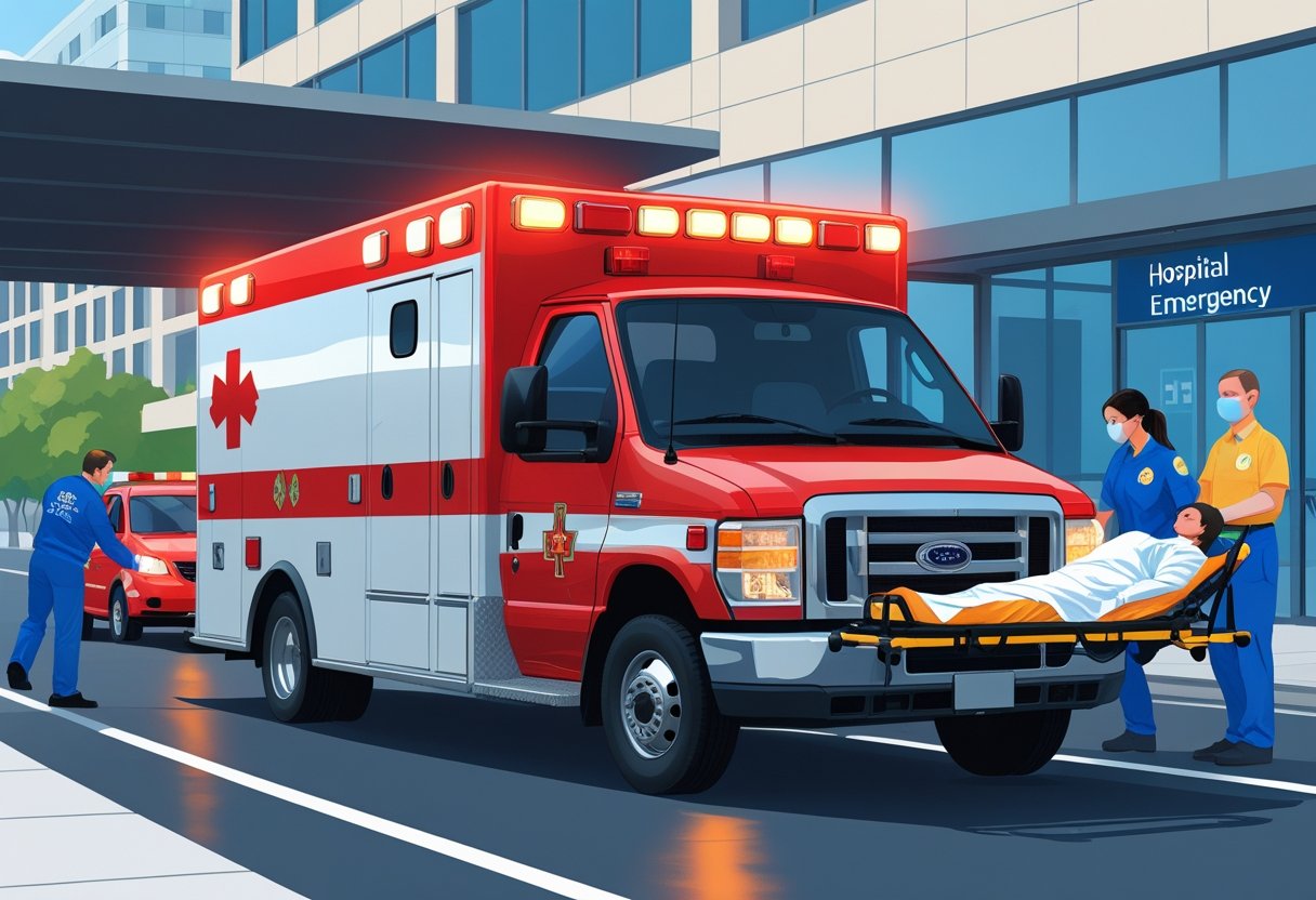 Uma ambulância de emergência com luzes piscando, um paramédico atendendo um paciente em uma maca próximo à entrada de um hospital.