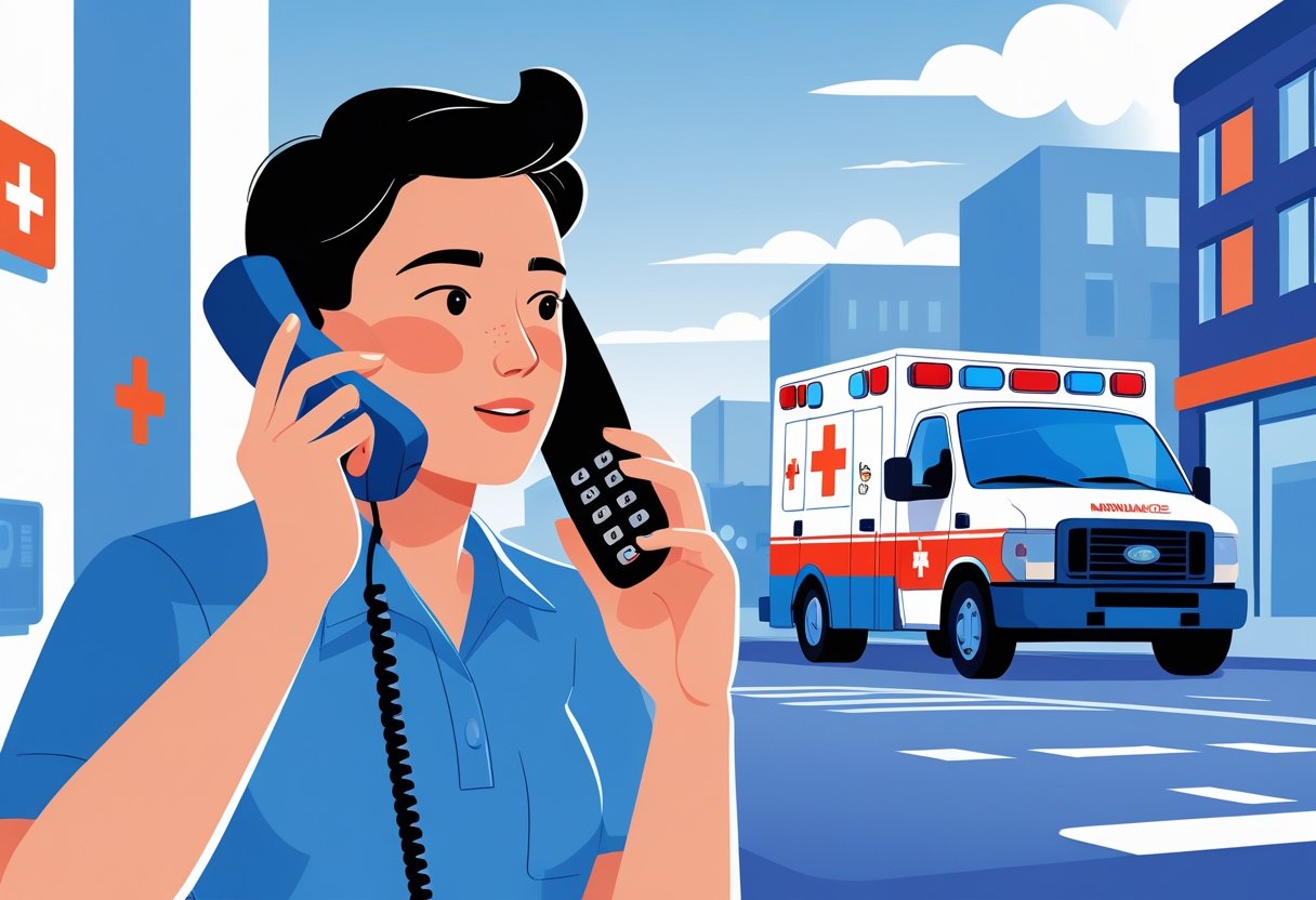 Pessoa falando ao telefone com uma ambulância se aproximando em uma rua ao fundo.