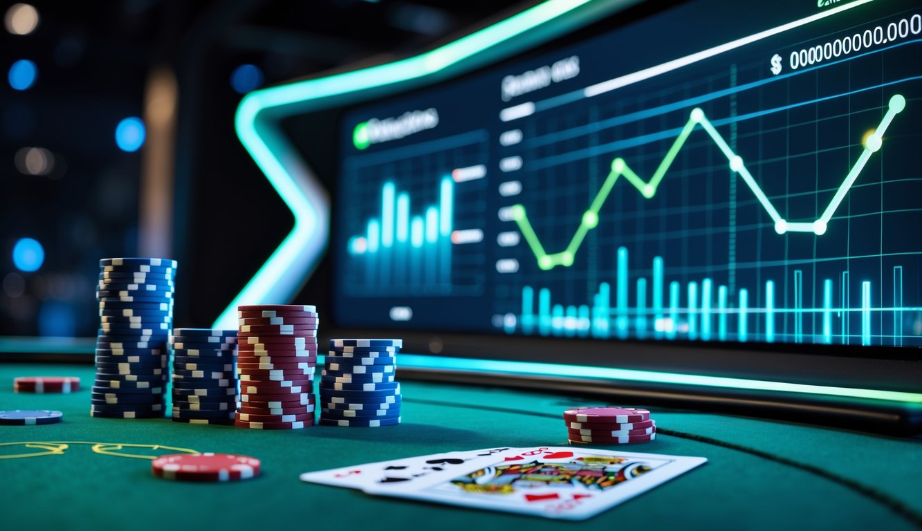 Meja poker modern dengan tumpukan chip dan kartu, serta layar digital di latar belakang yang menunjukkan ikon transaksi cepat.