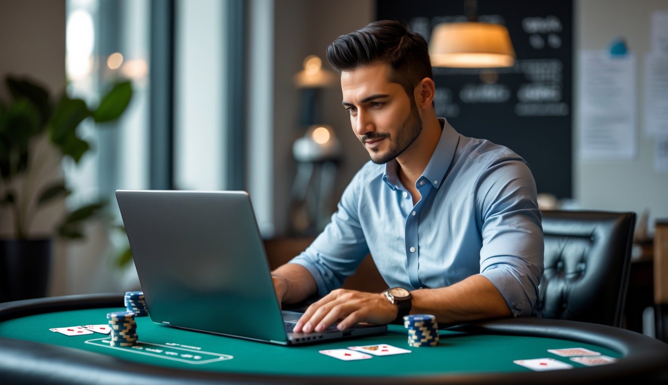 Seorang pria duduk di meja poker dengan laptop, kartu remi, dan chip poker di sekitarnya, tampak fokus bermain poker online.