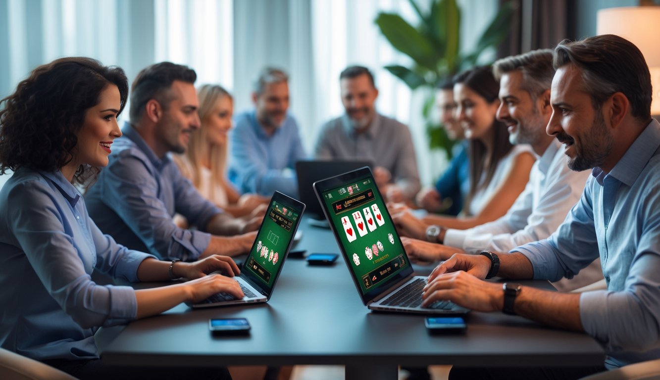 Beberapa orang dewasa sedang bermain poker online dengan laptop dan tablet di meja modern.