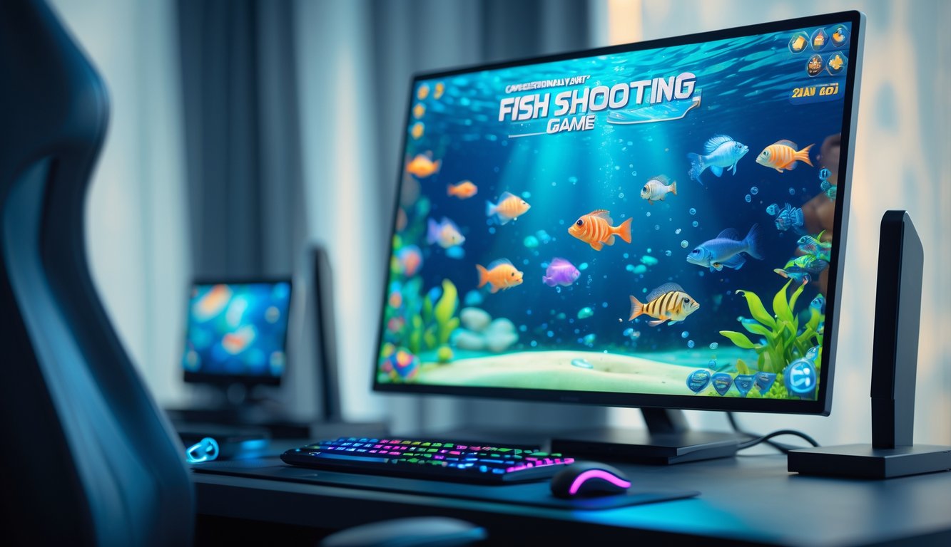 Seseorang sedang bermain game tembak ikan di komputer dengan latar belakang grafik ikan berwarna-warni di layar.