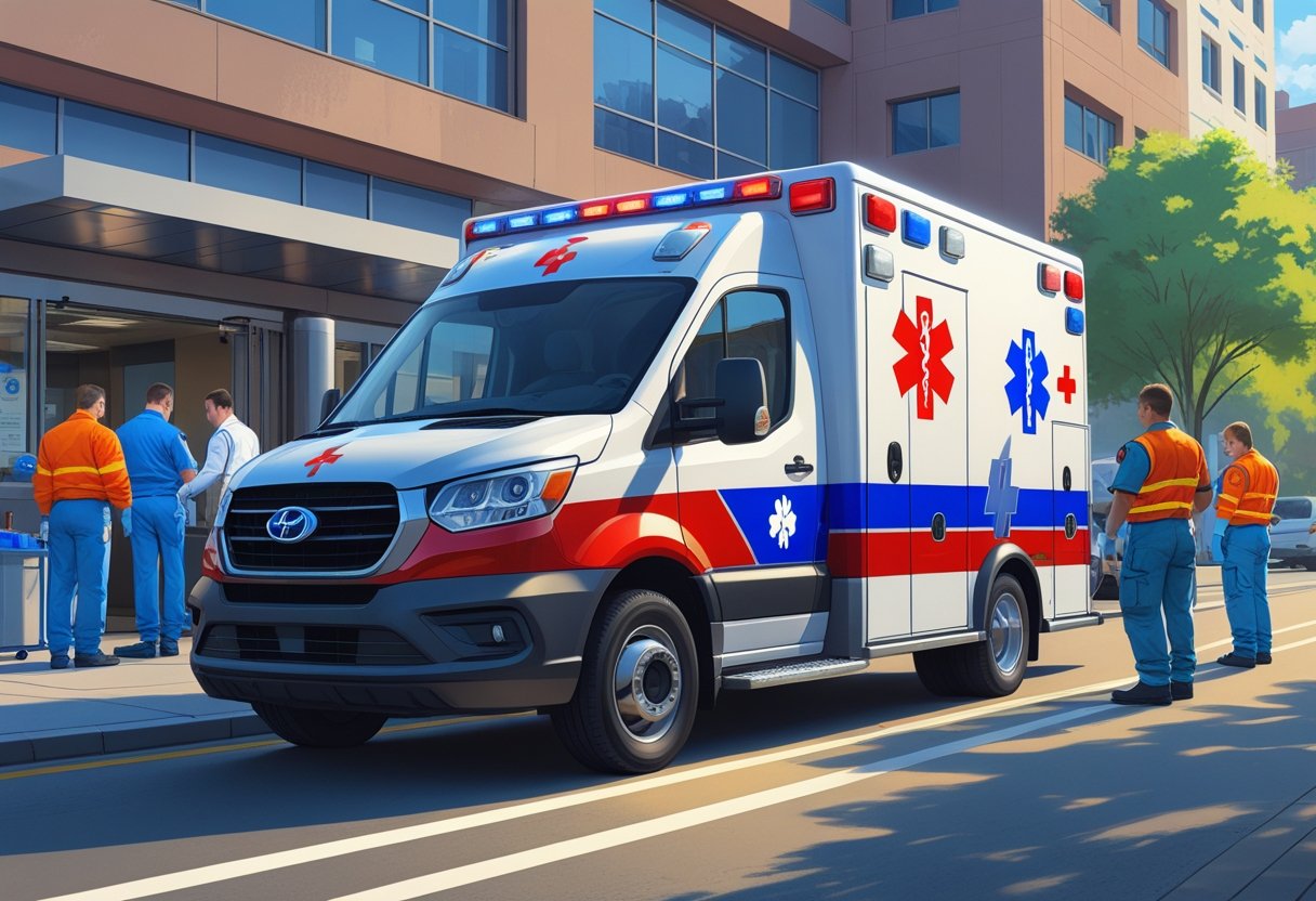 Uma ambulância de suporte avançado estacionada em frente a um hospital, com paramédicos ao redor prontos para atendimento.