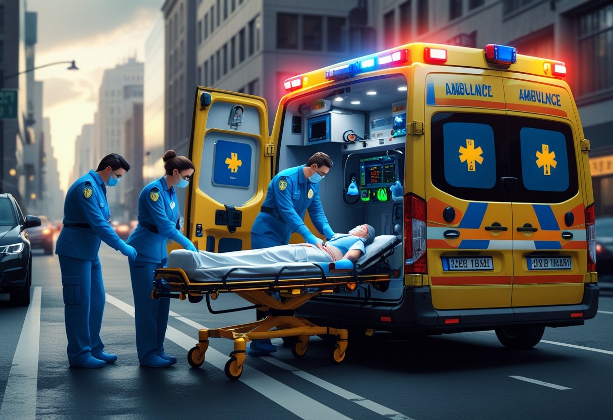 Ambulância de suporte avançado com profissionais de saúde atendendo um paciente em uma rua urbana movimentada.