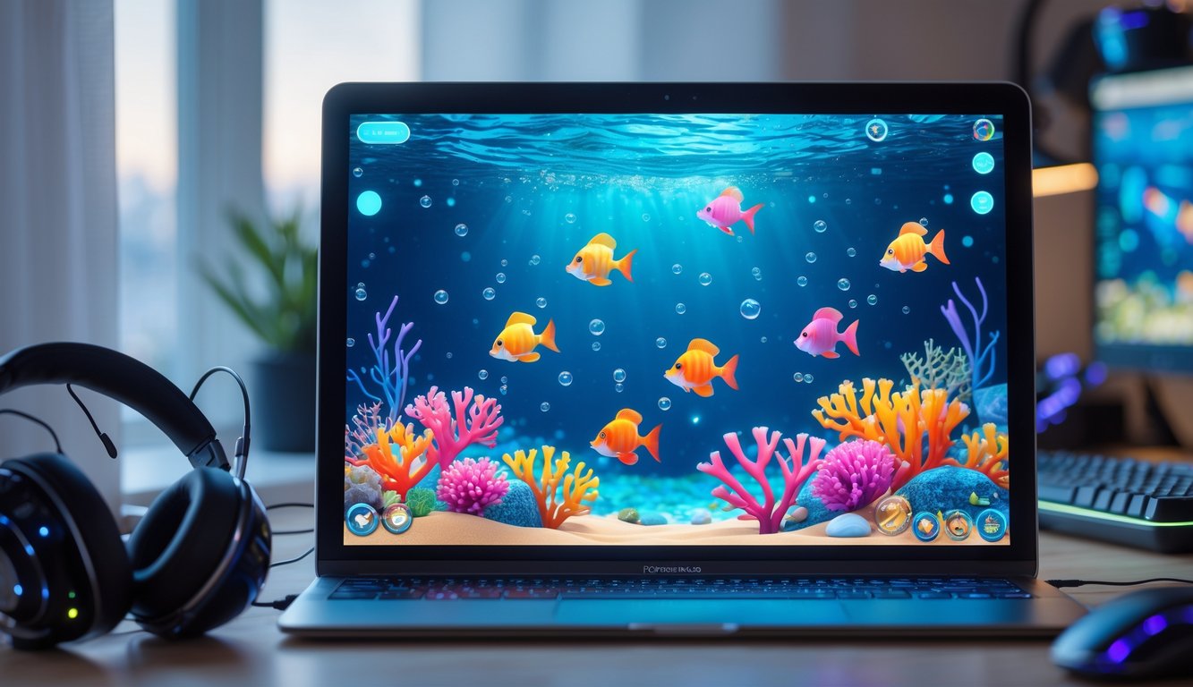 Layar komputer atau ponsel menampilkan ikan warna-warni dalam permainan memancing online di lingkungan kantor rumah yang nyaman.