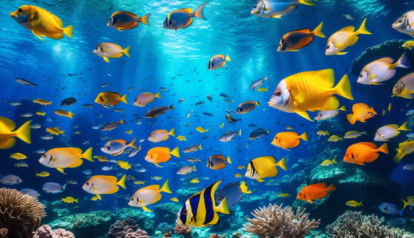 Pemandangan bawah laut dengan berbagai ikan tropis berwarna-warni berenang di sekitar terumbu karang.