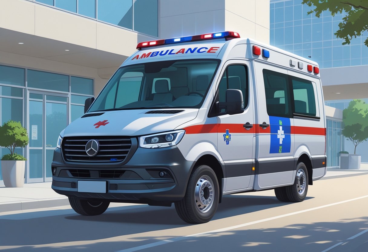 Uma ambulância de transporte estacionada em frente a um hospital em um ambiente urbano.
