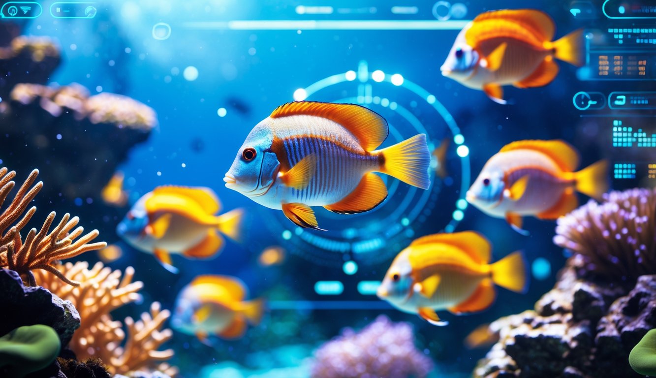 Pemandangan bawah laut dengan ikan tropis berwarna-warni berenang di antara terumbu karang.