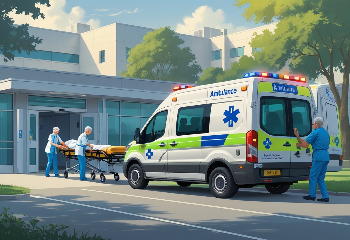 Ambulância de transporte com equipe médica auxiliando paciente em maca e idoso entrando na ambulância em frente a hospital.