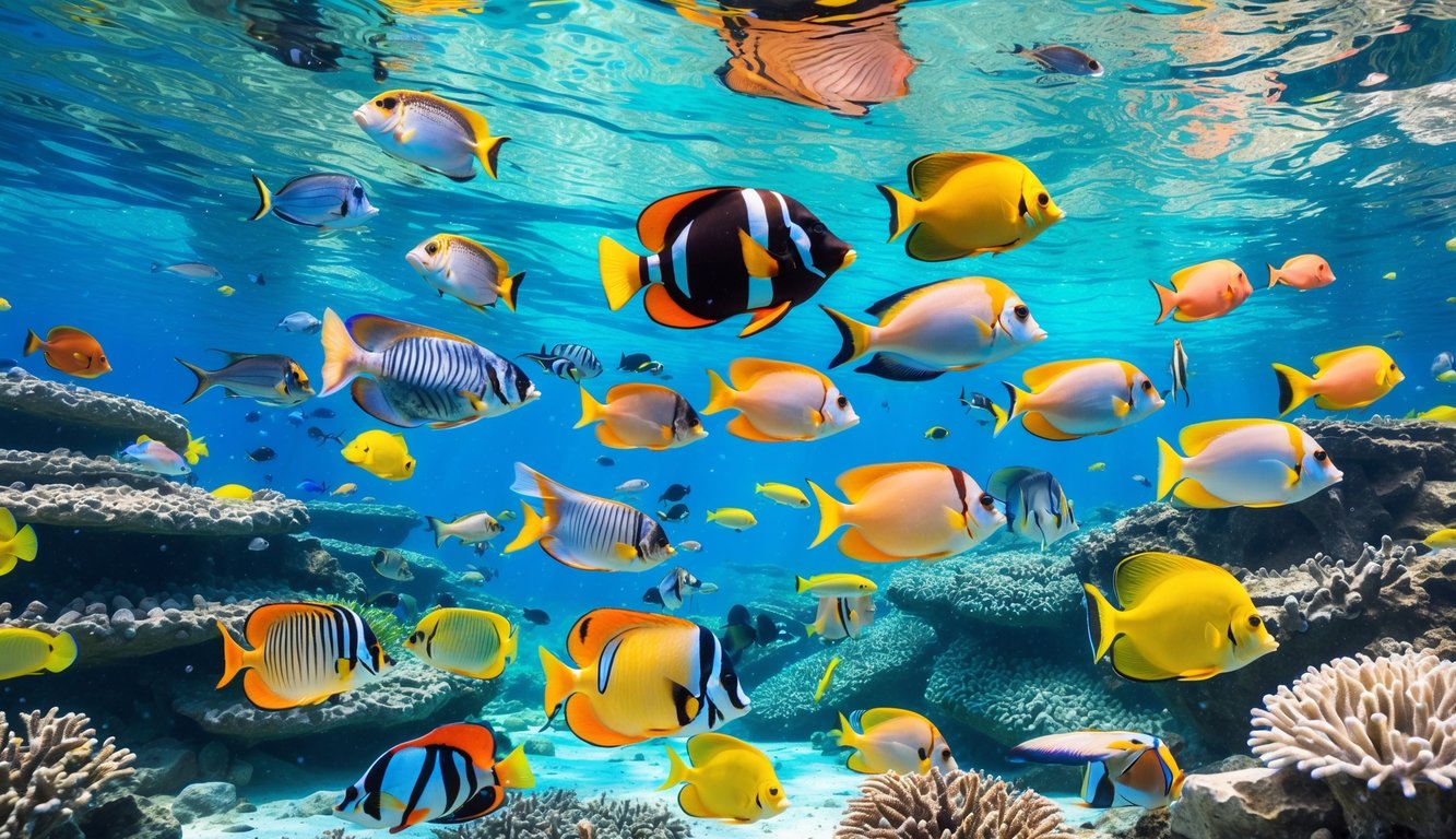 Pemandangan bawah laut dengan ikan tropis berwarna-warni berenang di antara terumbu karang.