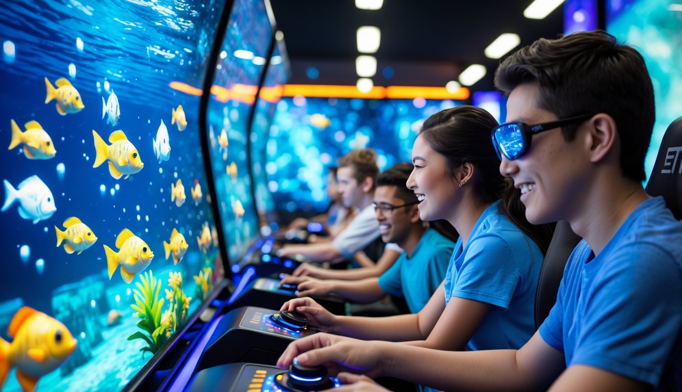 Beberapa orang bermain game tembak ikan multi pemain di sebuah arcade dengan layar besar yang menampilkan berbagai ikan dan makhluk laut.