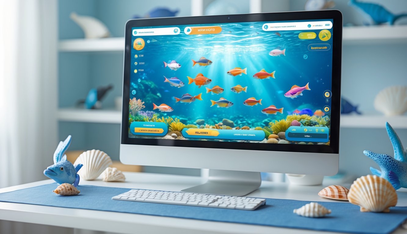Sebuah layar komputer menampilkan permainan ikan dengan latar meja kerja yang rapi dan dekorasi bertema laut.