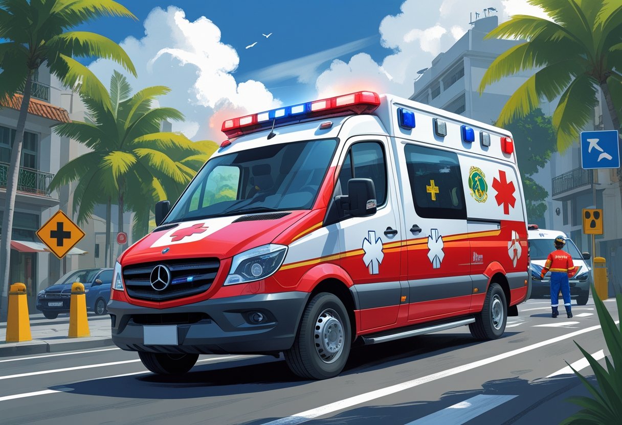 Ambulância brasileira em movimento com paramédicos atendendo uma emergência em uma rua urbana com árvores tropicais e arquitetura típica do Brasil.