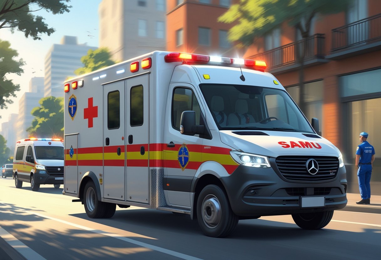 Ambulância do SAMU em movimento por uma rua da cidade com paramédicos visíveis dentro do veículo.