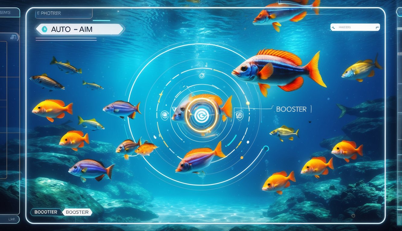 Adegan bawah laut dengan ikan berwarna-warni dan tampilan antarmuka permainan yang menargetkan ikan secara otomatis.