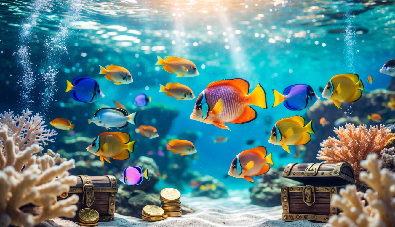 Pemandangan bawah laut dengan ikan tropis berwarna-warni berenang di sekitar terumbu karang dan harta karun di dasar laut.