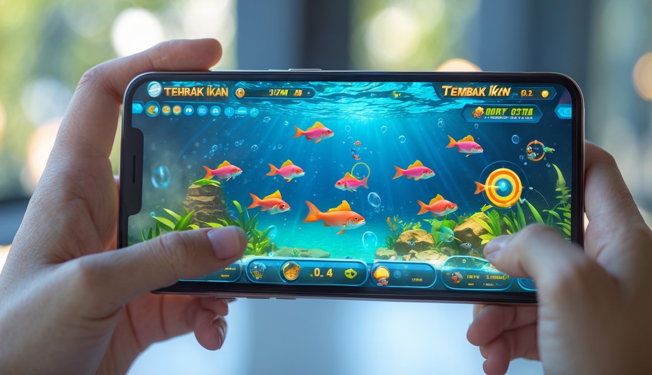 Seseorang memegang smartphone yang menampilkan permainan ikan bawah laut berwarna-warni di layar.