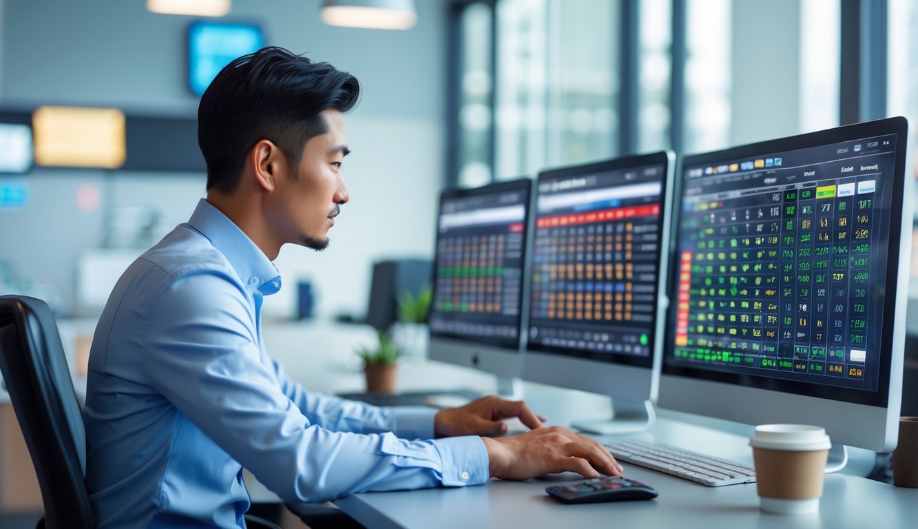 Seorang pria Asia duduk di meja kantor modern dengan beberapa layar komputer yang menampilkan grafik dan data lotere.