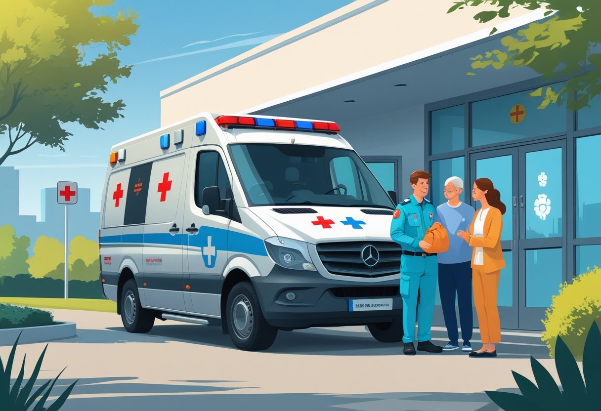 Uma ambulância particular estacionada na entrada de um hospital, com um paramédico conversando com um paciente e um familiar.
