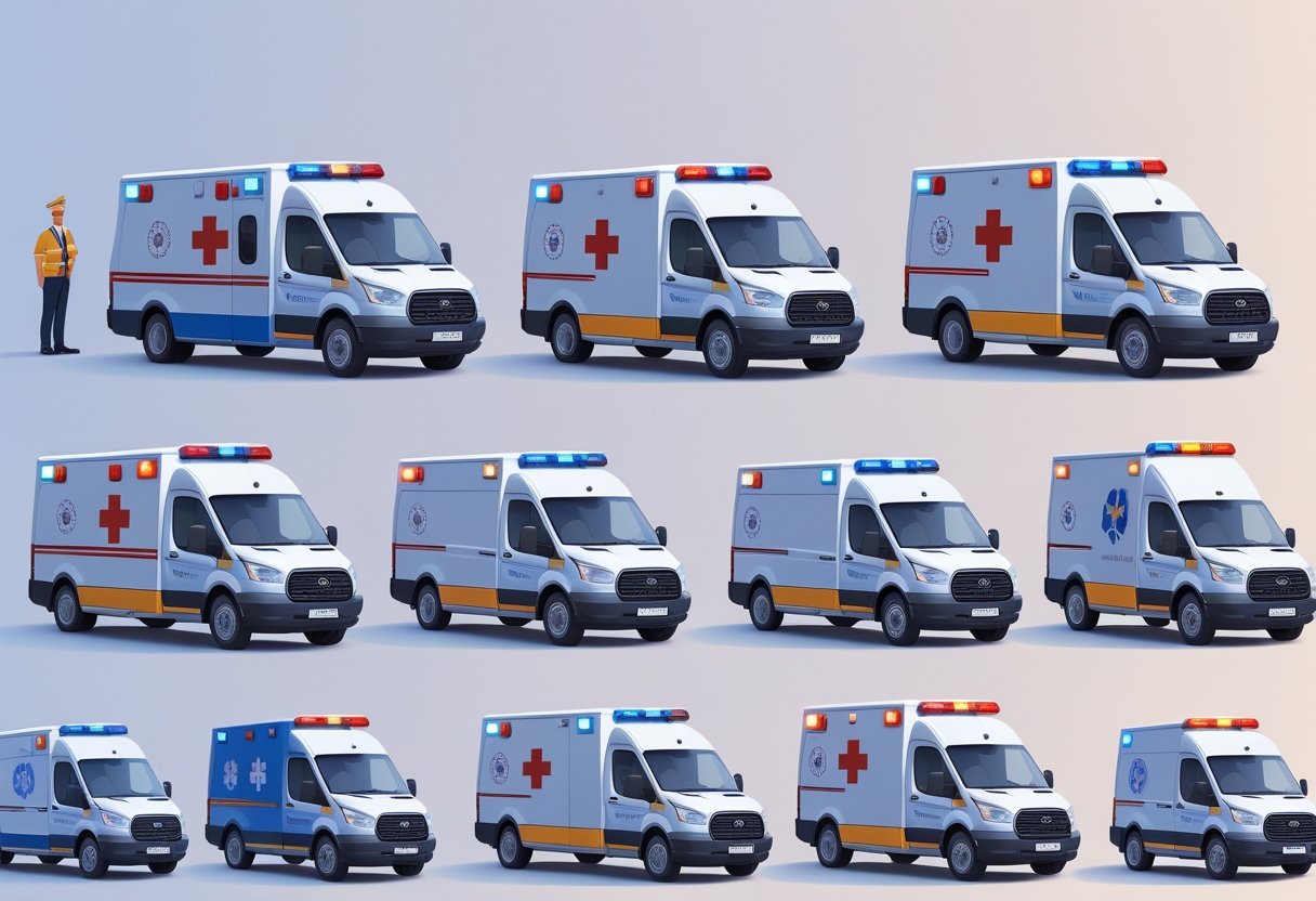 Vários tipos de ambulâncias particulares alinhadas lado a lado, mostrando diferentes modelos e características específicas.