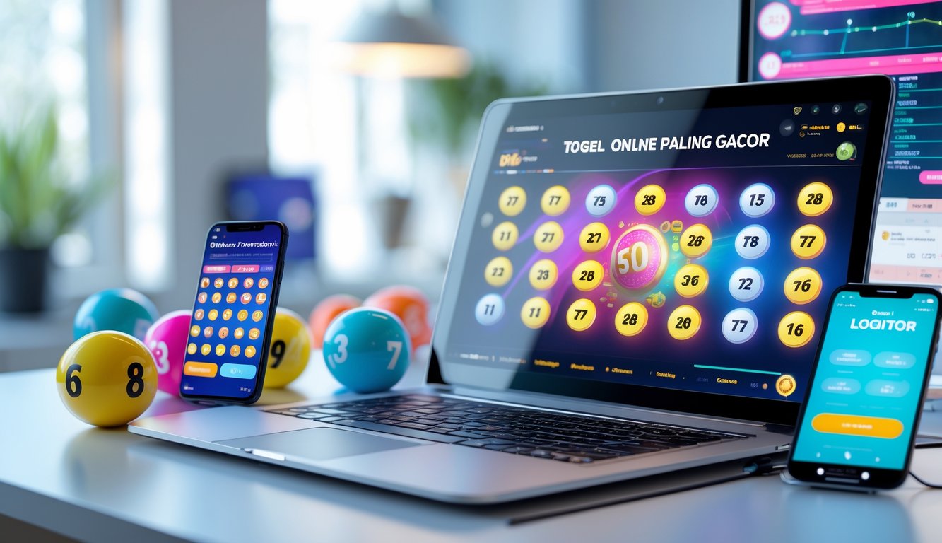 Meja kerja modern dengan laptop dan smartphone yang menampilkan antarmuka togel online, dikelilingi bola togel bernomor.
