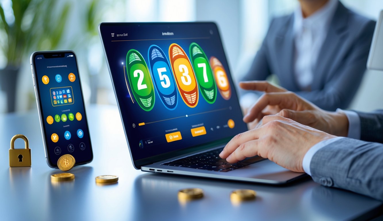 Seseorang menggunakan laptop dan ponsel di meja kerja dengan tampilan antarmuka permainan togel online yang resmi.