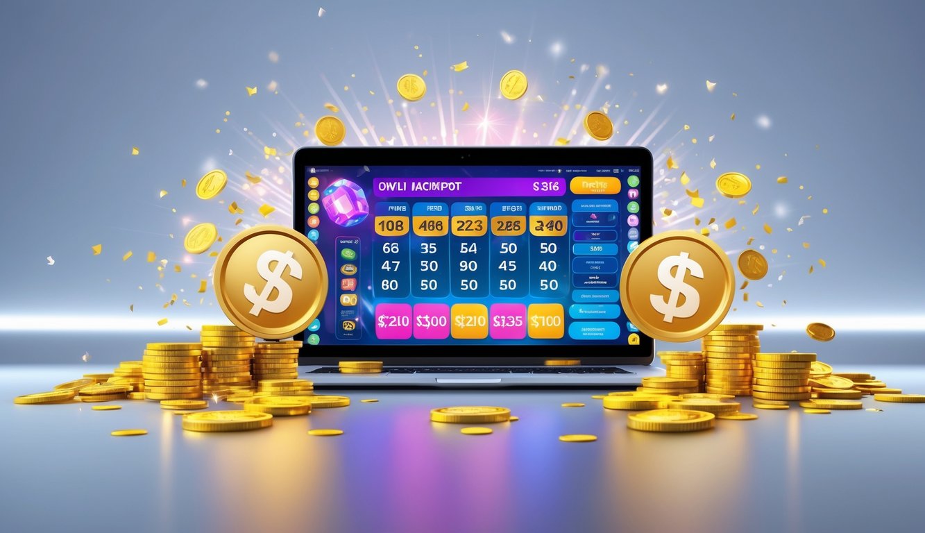 Seseorang menggunakan perangkat digital dengan tampilan antarmuka lotere online dan elemen perayaan seperti koin emas dan konfeti.