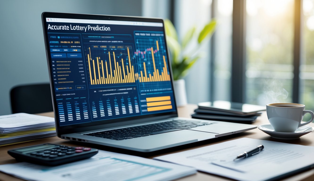 Meja kerja modern dengan laptop menampilkan grafik data, dokumen tertata rapi, kalkulator, dan secangkir kopi di dekat jendela dengan cahaya alami.